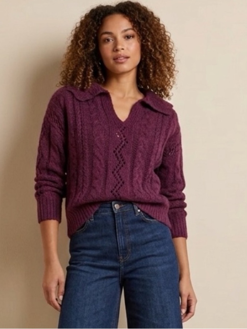Women’s Textured Cable-Knit Pointelle Polo V-Neck Wool Blend Sweater in Plum NWT